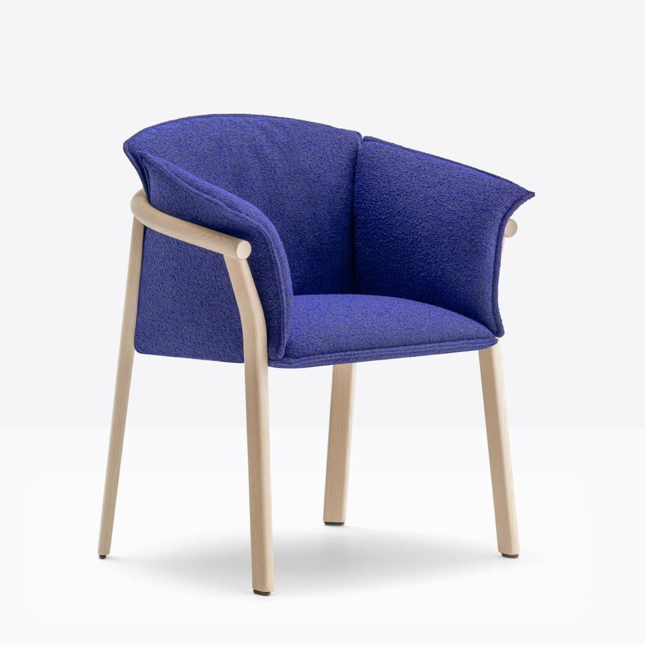 Wooden armchair with blue upholstery