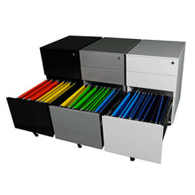 Load image into Gallery viewer, Trimline mobile pedestal arranged in all available colours w/ draws open
